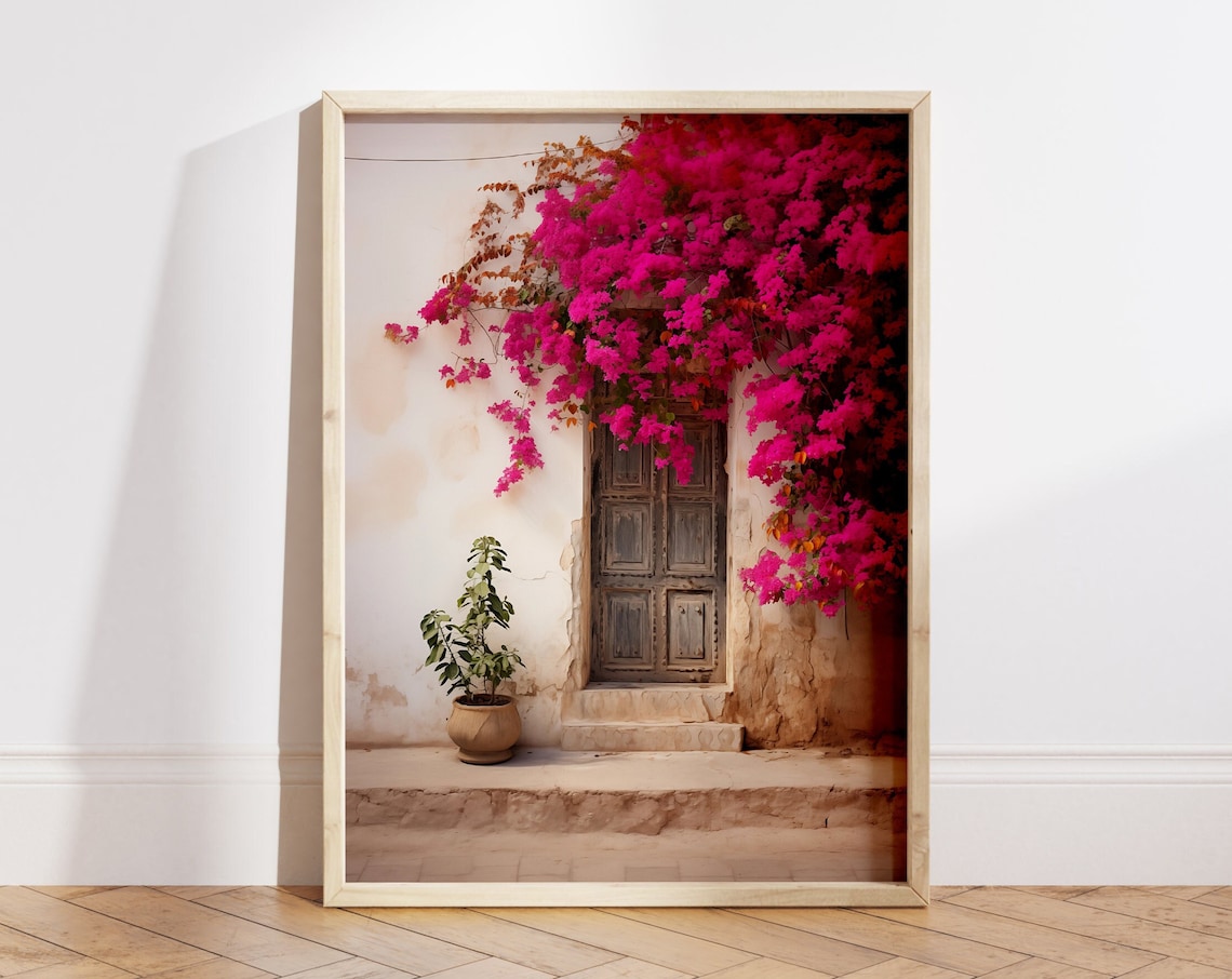 Bougainvillea Plant Pink Flower Painting, Greece Vintage