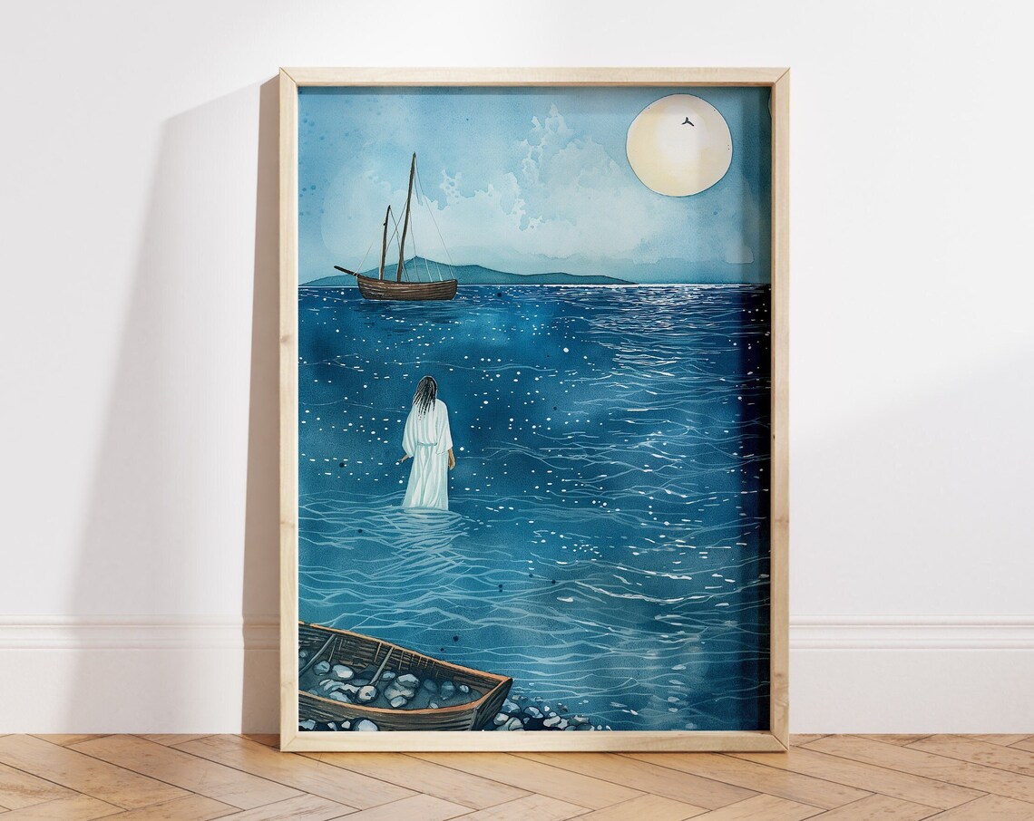 Jesus Walking on Water at Night Moonlit Sea Boat Watercolor Poster