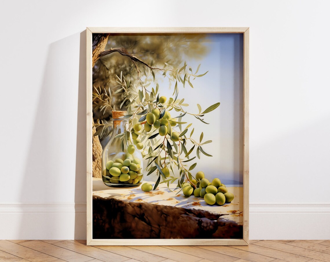 Ripe Green Olives on Branch with Glass Jar Still Life Art Poster
