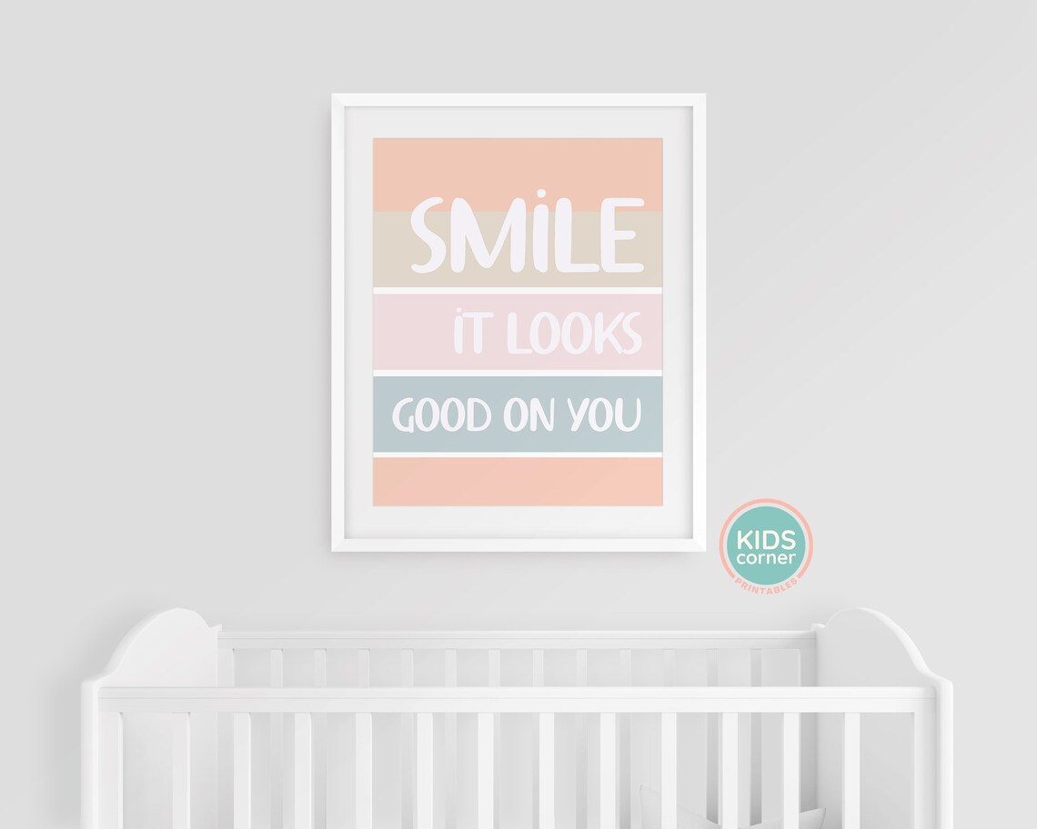 Smile It Looks Good On You Pastel Stripes Kids Room Quote Poster - Image 3