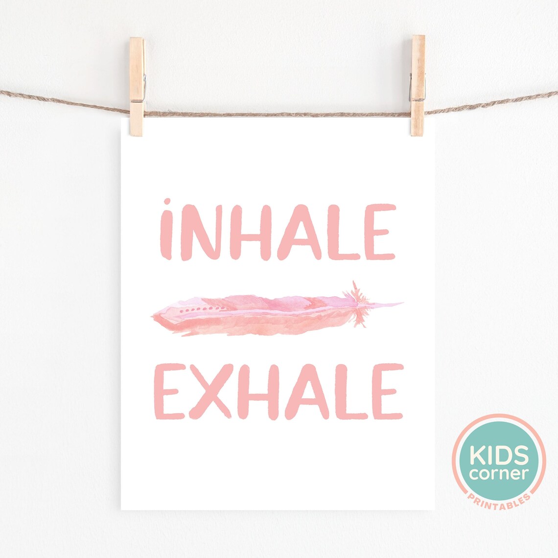 Inhale Exhale Pink Watercolor Feather Mindfulness Breathing Poster - Image 2