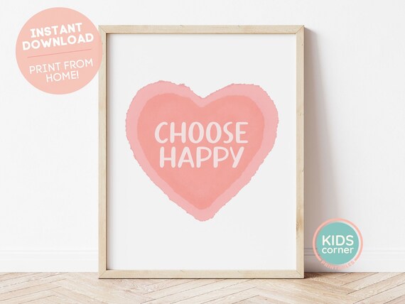 Choose Happy Pink Watercolor Heart Kids Room Mindfulness Art Poster