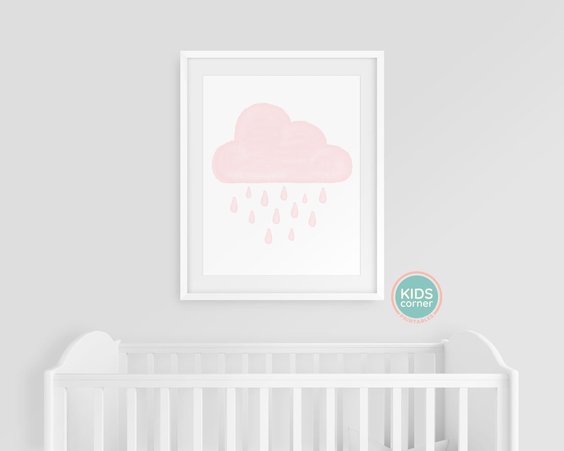Pink Watercolor Cloud With Rain Drops Baby Girls Nursery Art Poster - Image 3