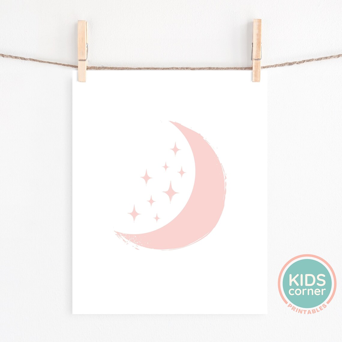 Pink Watercolor Moon And Stars Night Sky Kids Nursery Poster - Image 2