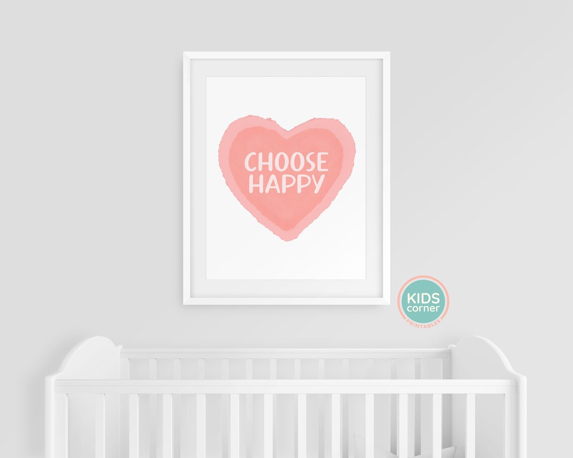 Choose Happy Pink Watercolor Heart Kids Room Mindfulness Art Poster - Image 3