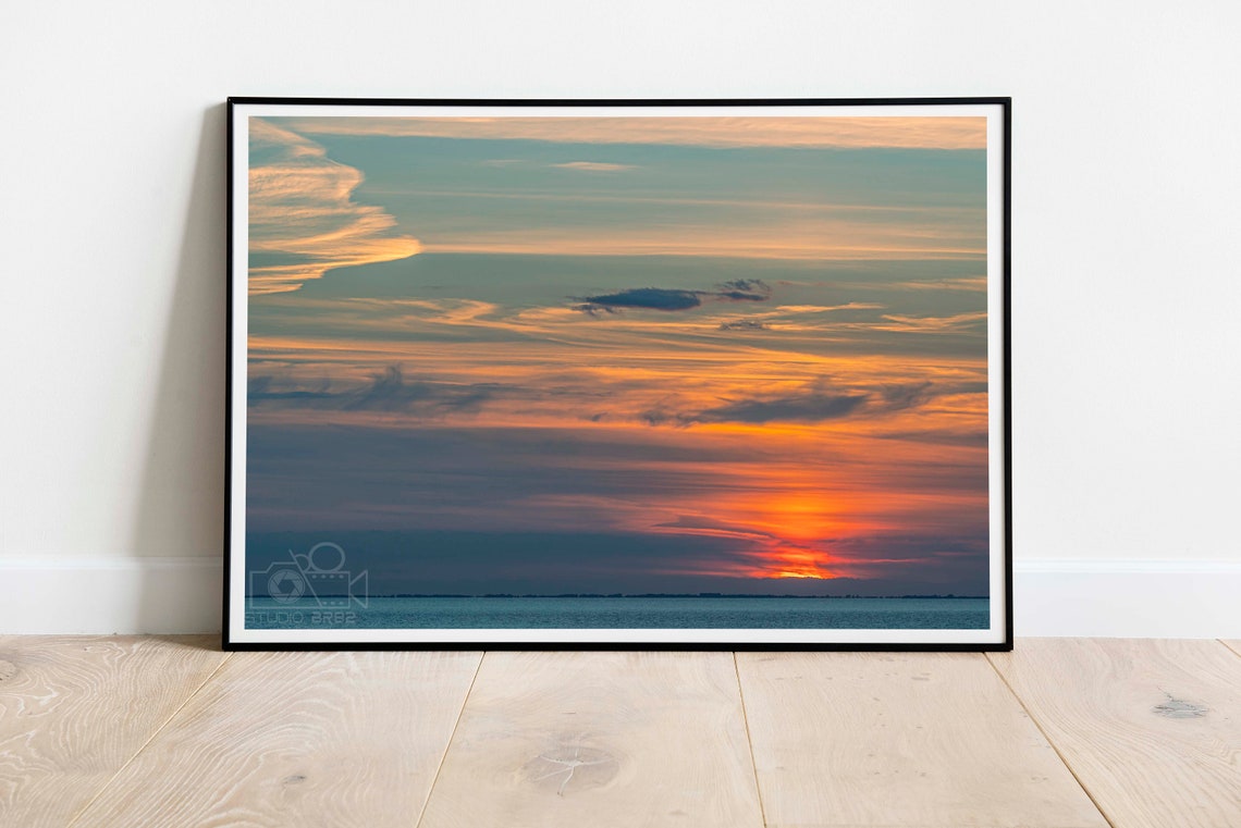 Colorful Wispy Clouds Over Sunset Ocean Seascape Photo Poster