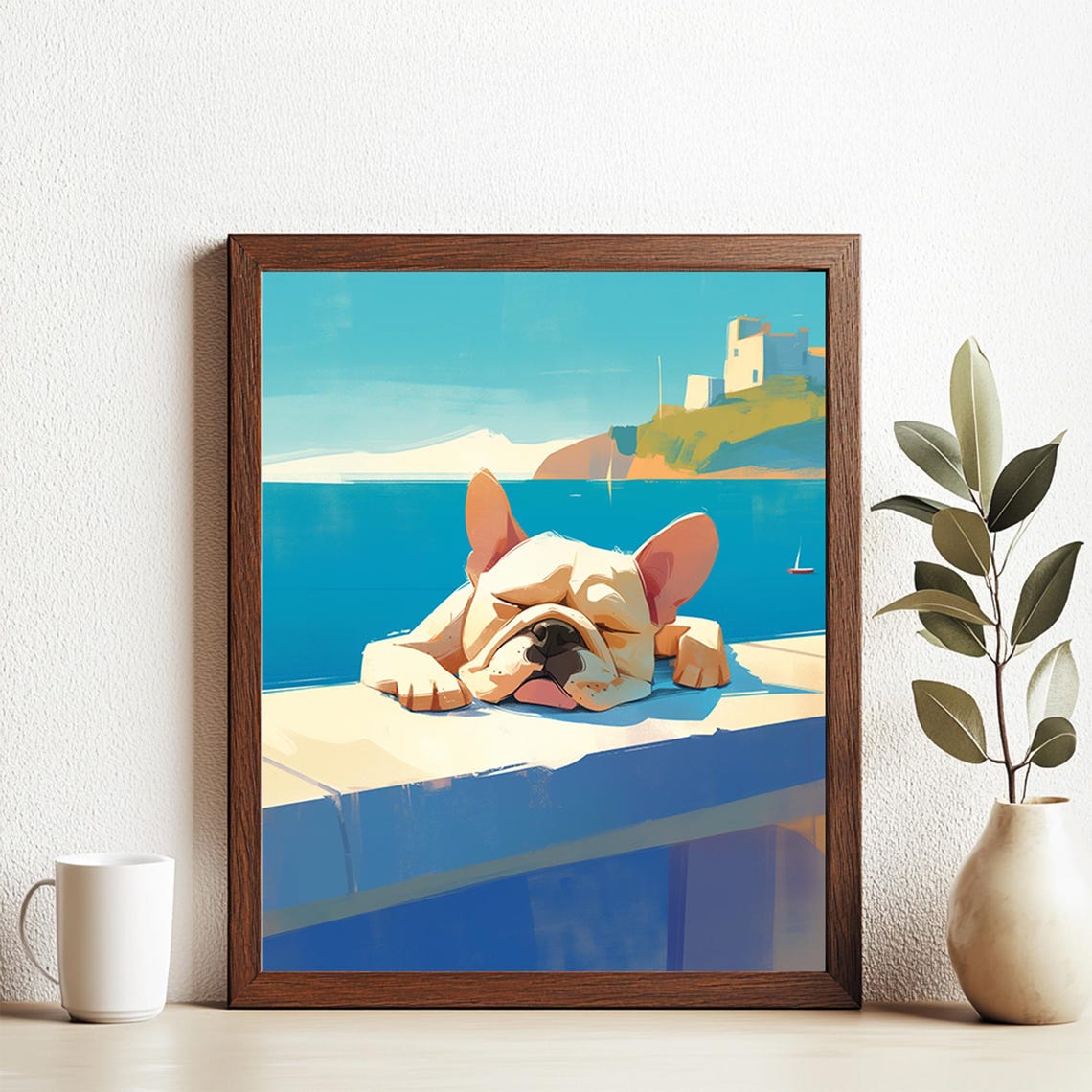 French Bulldog Sleeping Poolside Sea View Cute Dog Art Print