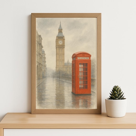 London Watercolor Big Ben Red Telephone Booth Rainy Street Poster