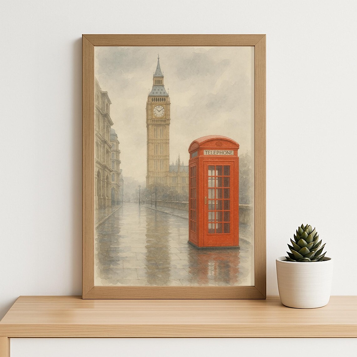 London Watercolor Big Ben Red Telephone Booth Rainy Street Poster