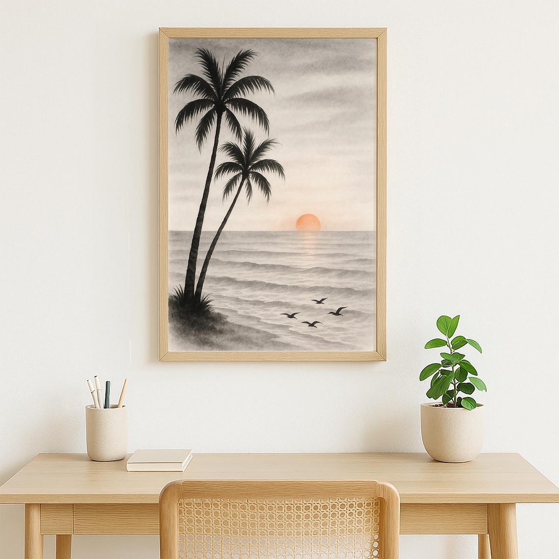 Black Ink Palm Trees Ocean Sunset Minimalist Zen Scene Poster - Image 3
