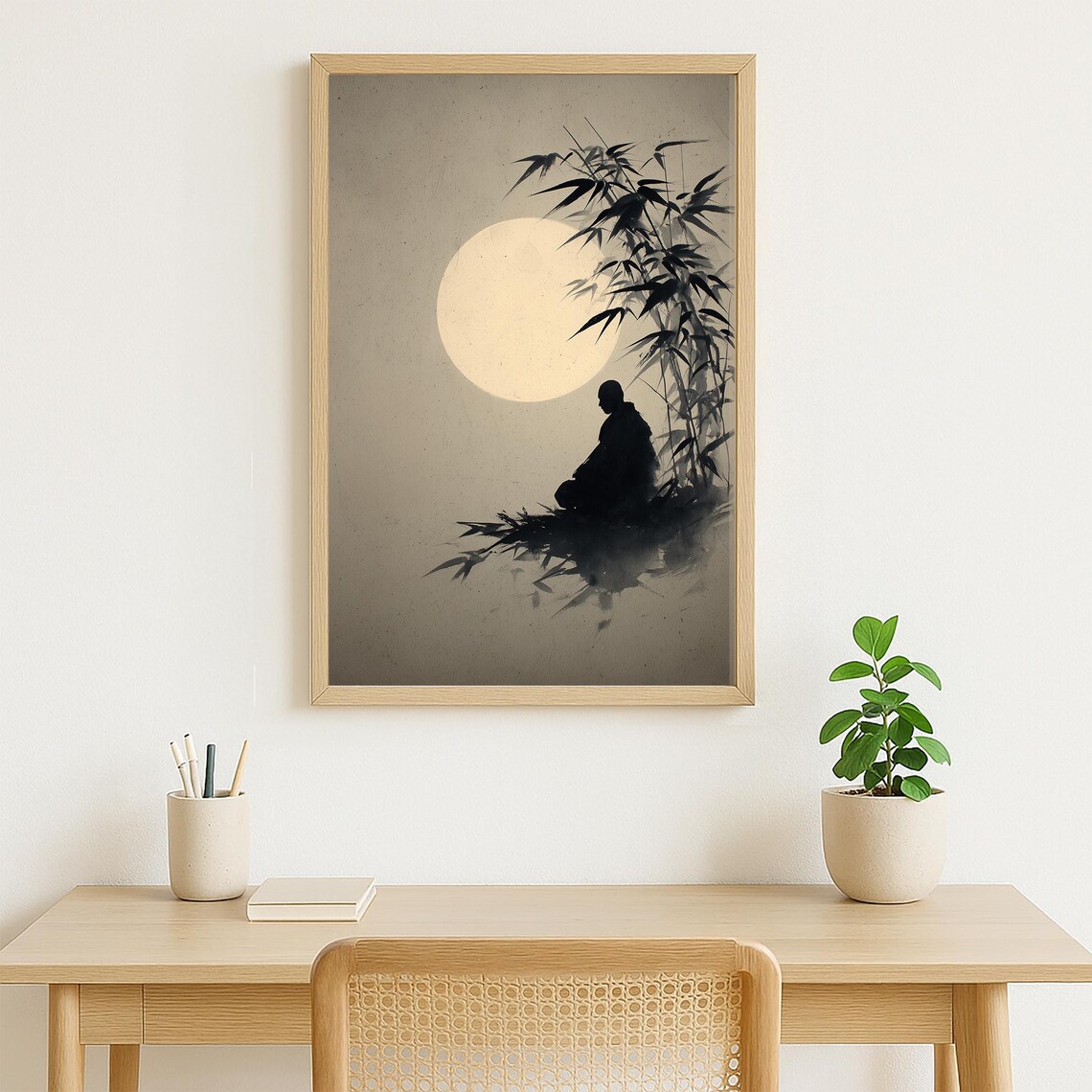Zen Monk Bamboo Moon Japanese Ink Wash Poster - Image 3