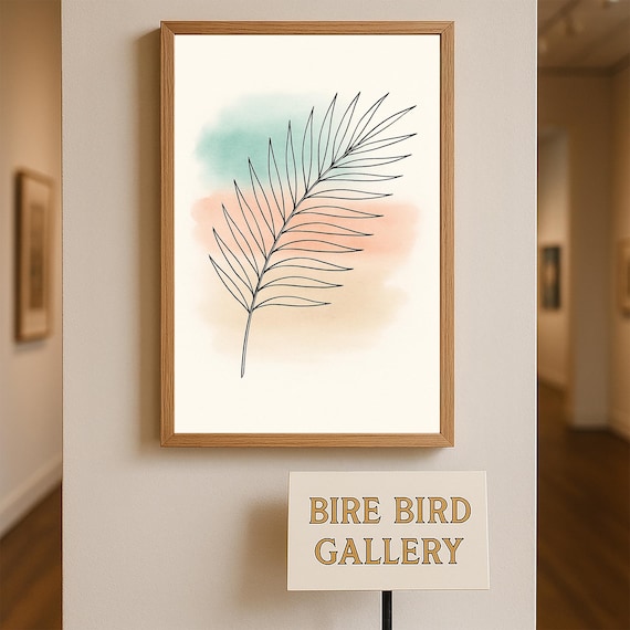 Minimalist Palm Leaf Line Art Print With Watercolor Background Boho Botanical Wall Tropical Plant Poster Instant