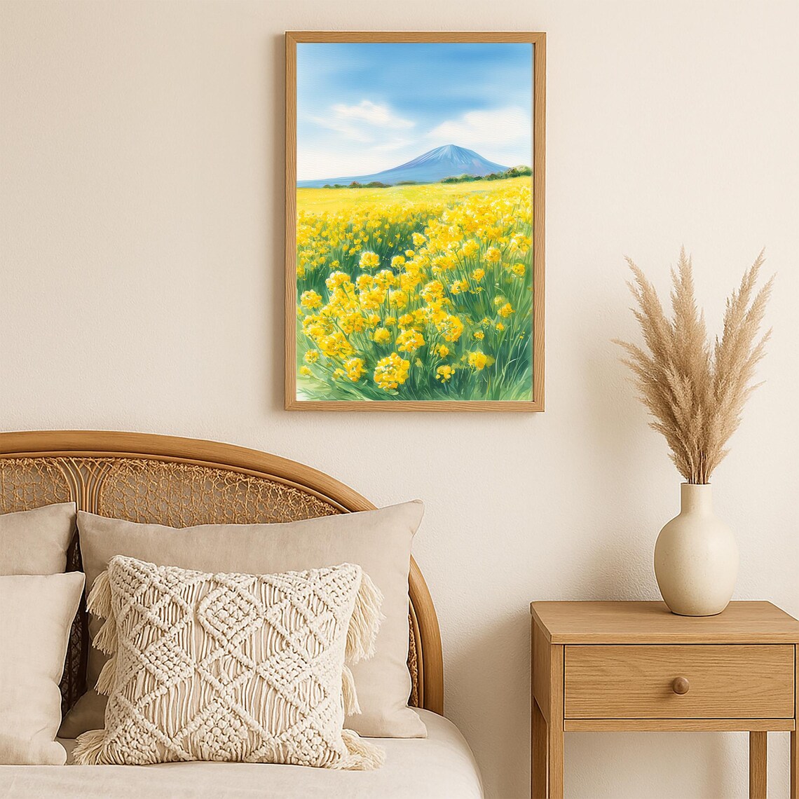 Jeju Island Yellow Canola Flower Field Mountain Watercolor Poster - Image 2