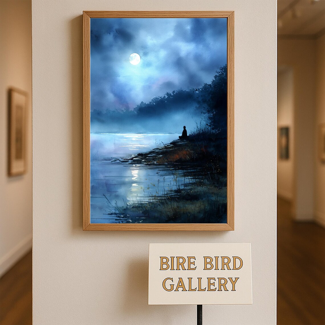 Moonlight Lake Meditation Figure Watercolor Night Tranquil Poster