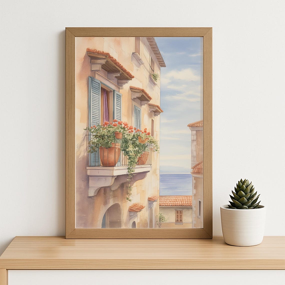 Mediterranean Balcony With Geranium Pots Blue Shutters Sea View Poster - Image 4