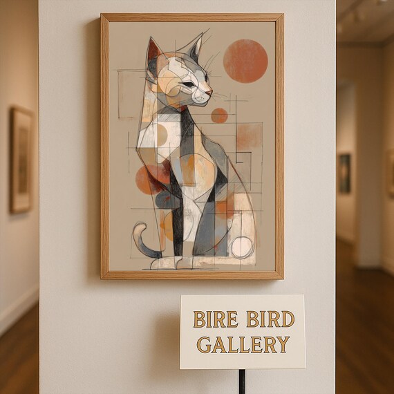 Geometric Cubist Cat Portrait Modern Abstract Line Art Poster