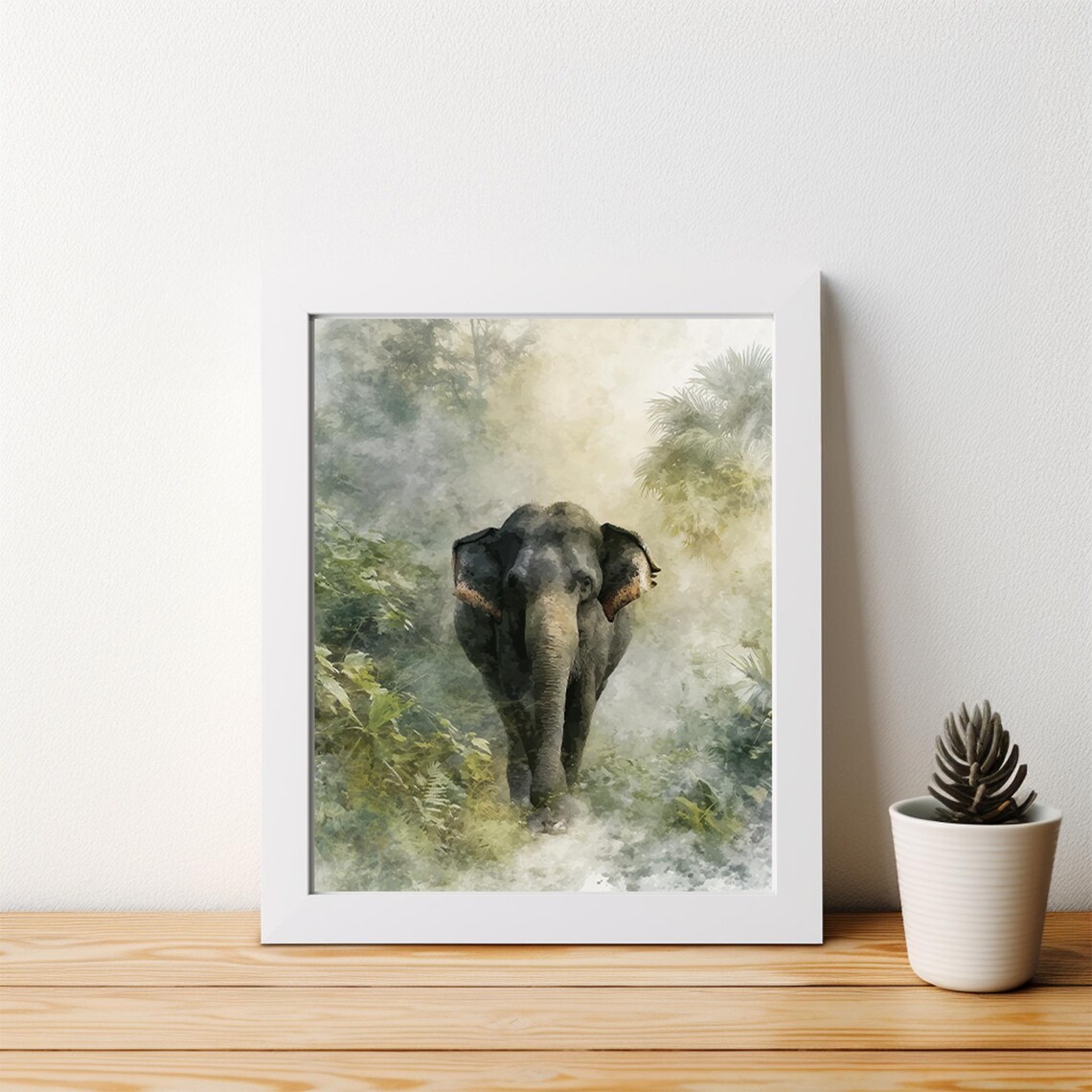 Misty Jungle Elephant Watercolor Majestic Wildlife Portrait Wall Art - Image 3