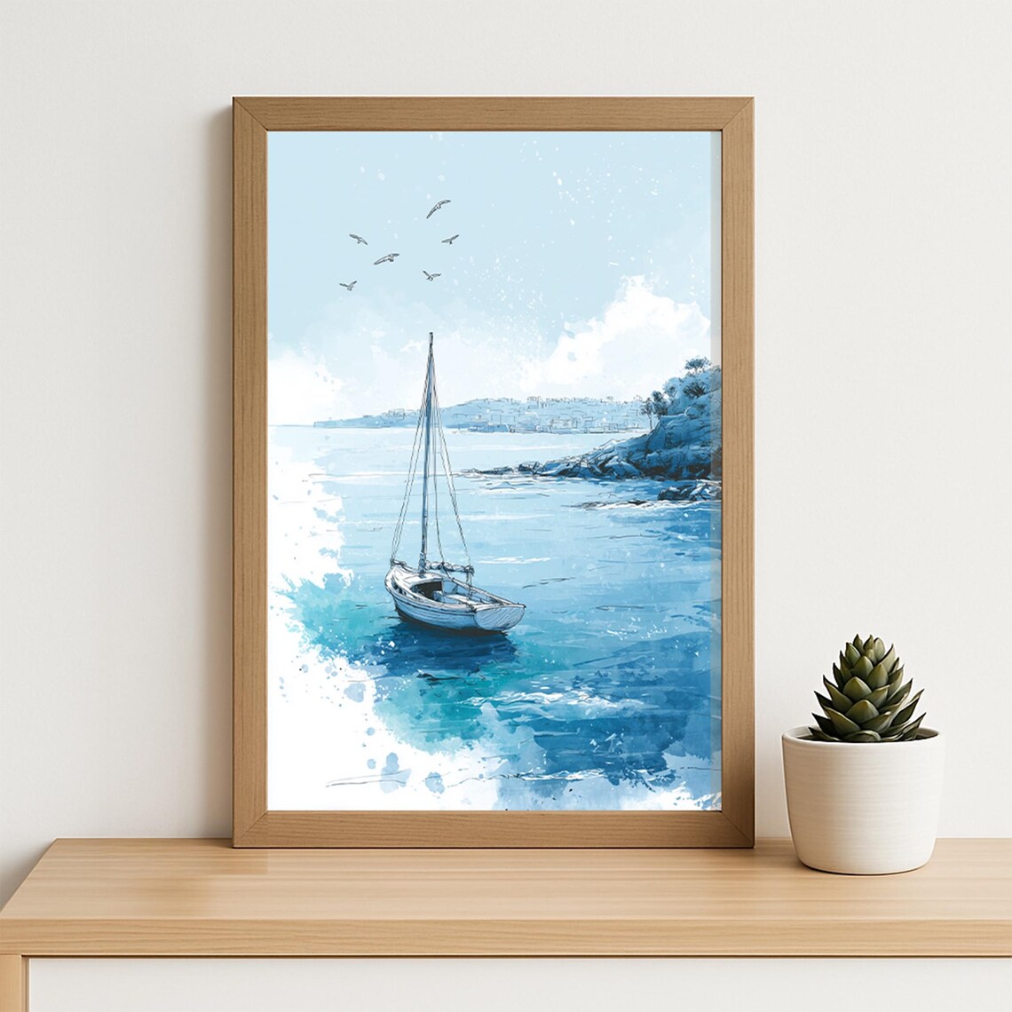 Lone Sailboat Sparkling Blue Ocean Waves Watercolor Art Poster