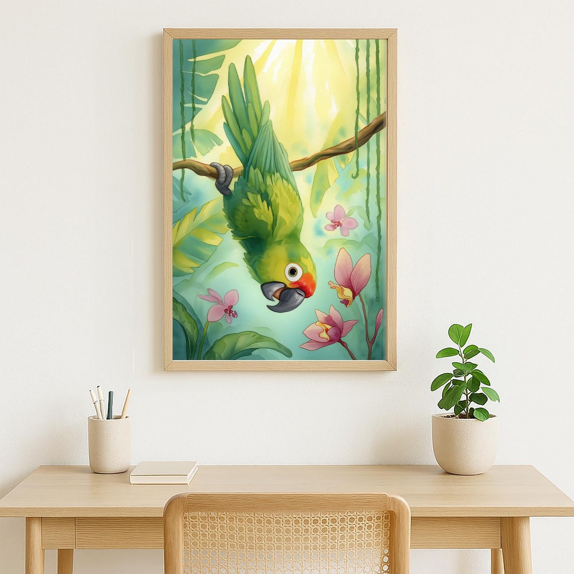 Playful Green Parrot Upside Down Among Pink Orchids Jungle Poster - Image 4