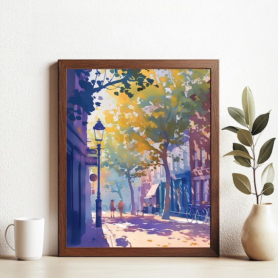 London Street Cityscape Watercolor With Lamppost And Golden Trees Poster