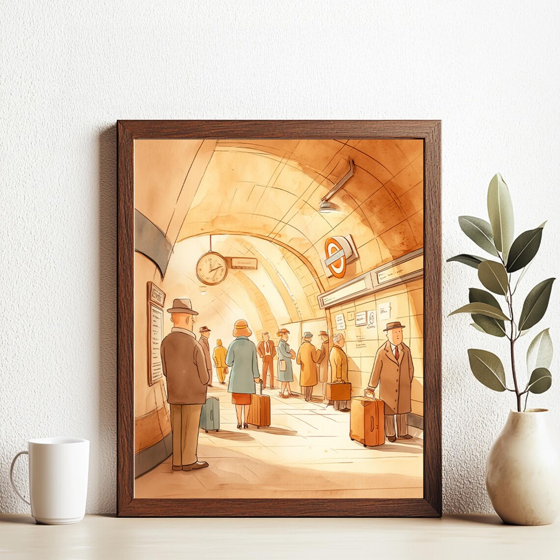 Vintage London Underground Station Platform Travel Scene Poster