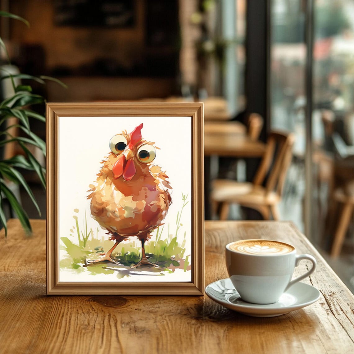 Whimsical Big Eyed Chicken Watercolor Farmhouse Kitchen Poster - Image 2