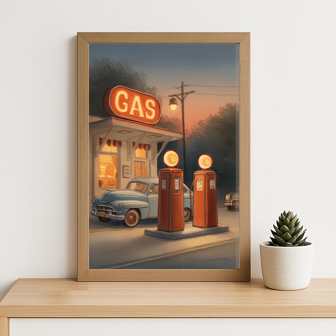 Vintage Gas Station At Dusk With Neon Sign Classic Car Retro Poster - Image 4