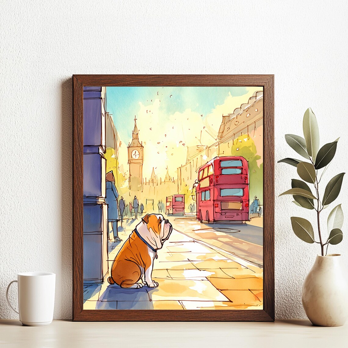 English Bulldog Watercolor London Street Big Ben Red Bus Poster