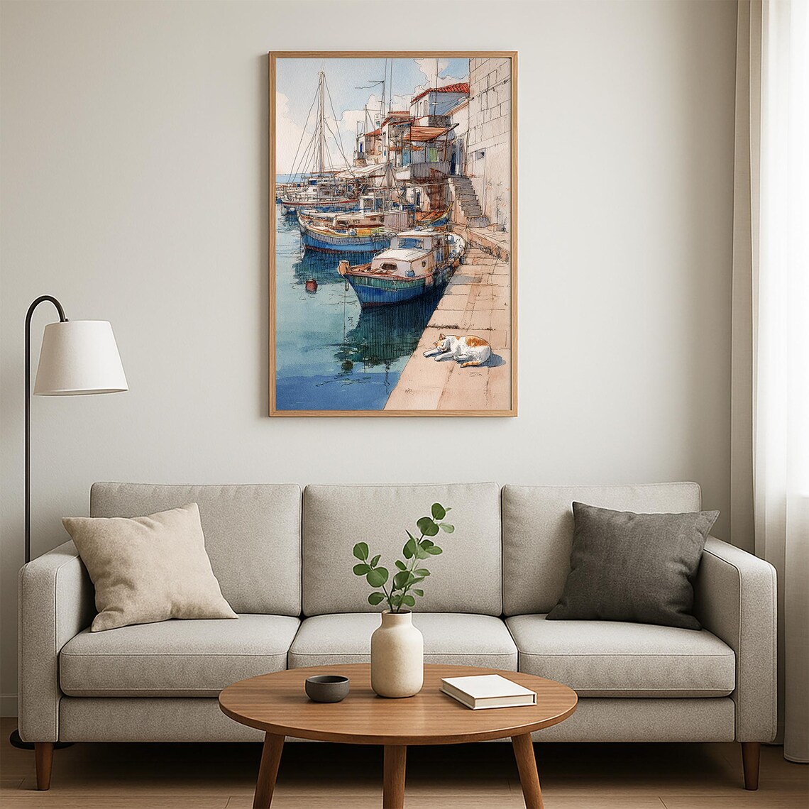 Old Fishing Harbor Colorful Boats Napping Cat Watercolor Poster - Image 3
