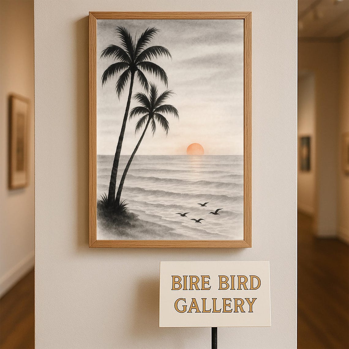 Black Ink Palm Trees Ocean Sunset Minimalist Zen Scene Poster