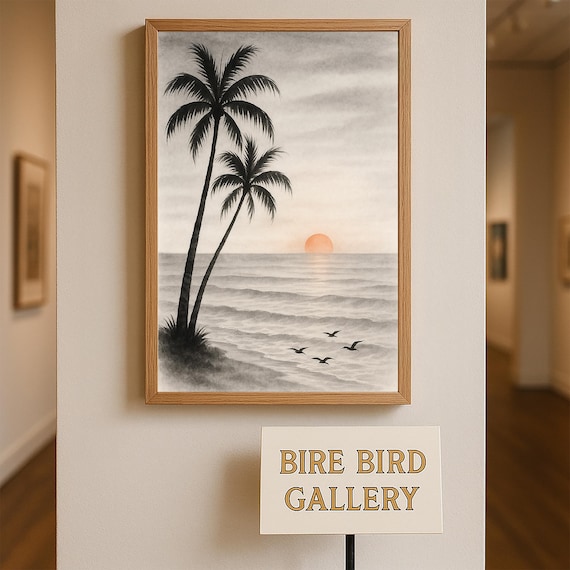 Black Ink Palm Trees Ocean Sunset Minimalist Zen Scene Poster