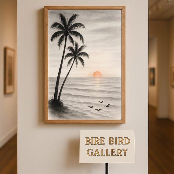 Serene Tropical Sunset Palm Tree Wall Art Minimalist Watercolor Coastal Print With Birds Over Ocean For Beach Zen Or Boho Decor