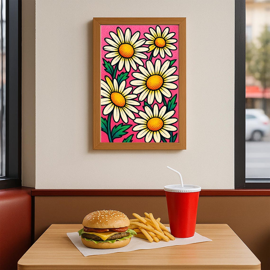 Bold Retro Daisy Flowers Pop Art Style on Pink Background Poster - Image 3