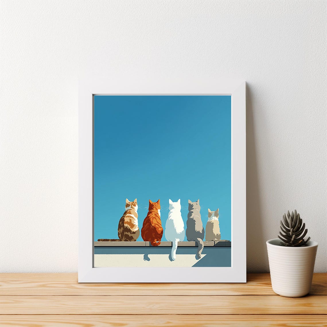 Minimalist Five Cats on a Wall Blue Sky Modern Cat Lovers Poster - Image 4