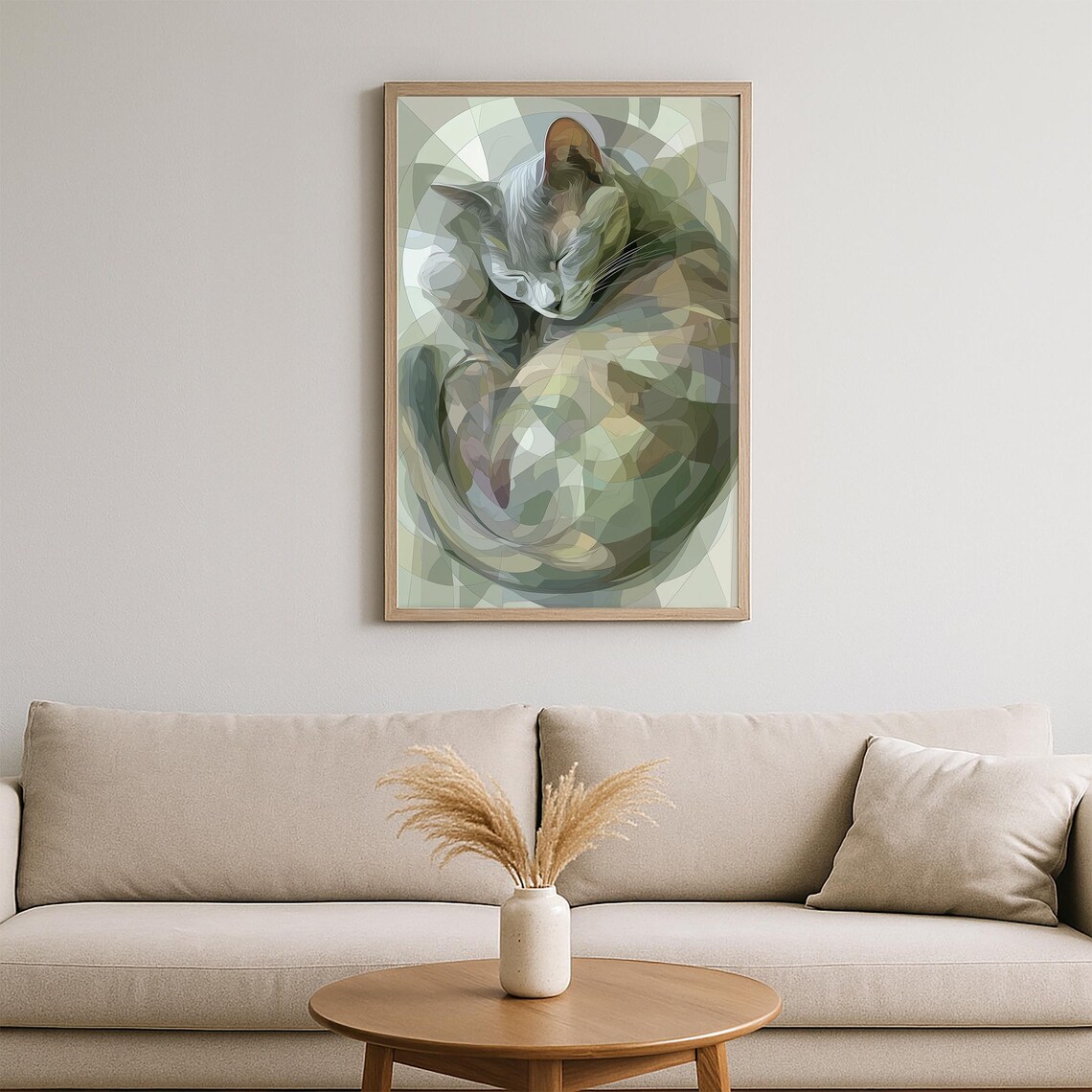 Sleeping Cat Geometric Mosaic Green Stained Glass Style Art Poster - Image 2