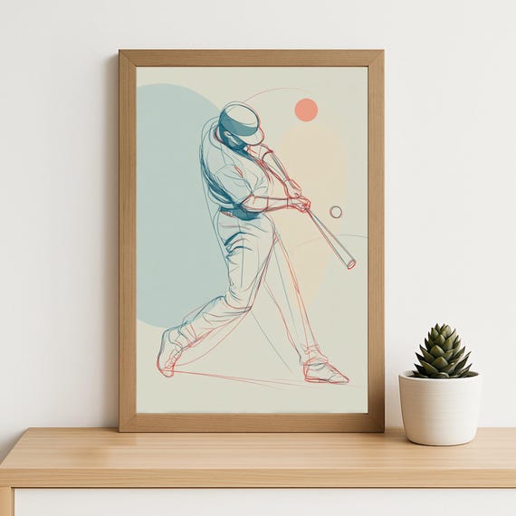 Baseball Player Line Art Print Minimalist Sports Drawing Modern Athletic Wall Dynamic Sketch Poster