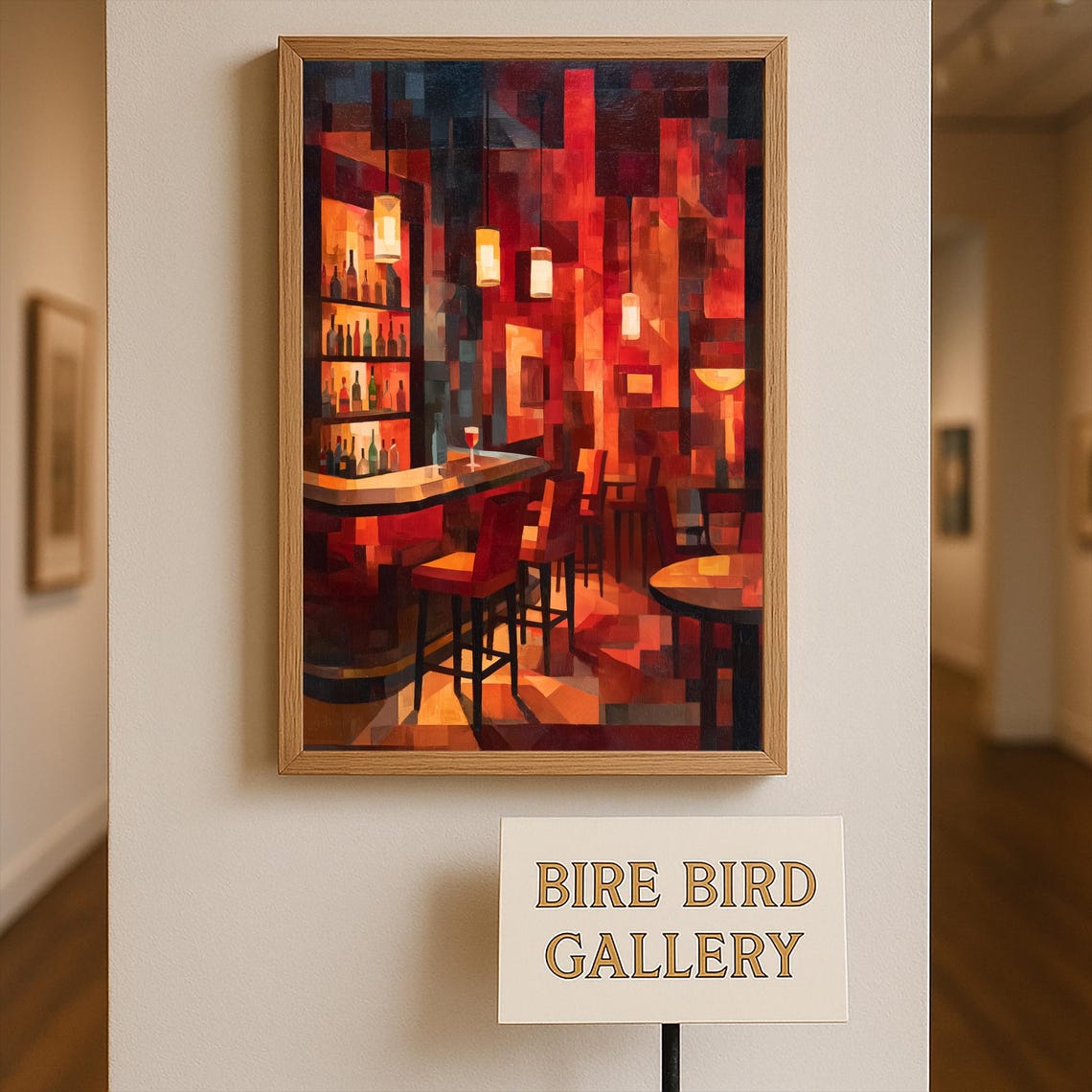 Cubist Cocktail Bar Interior Red Geometric Modern Art Poster