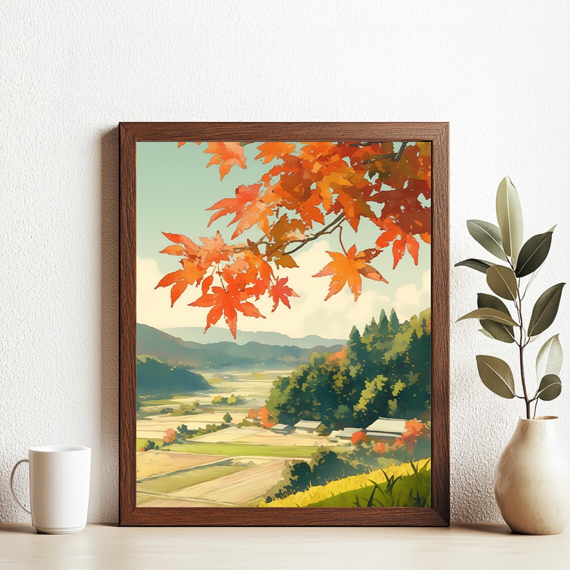 Watercolor Autumn Japan Countryside Maple Leaves Rural Poster