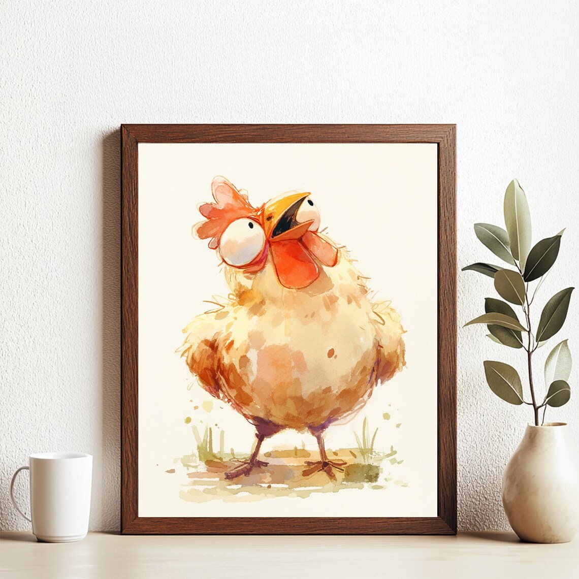 Funny Wide Eyed Chicken Watercolor Humor Kitchen Animal Wall Art