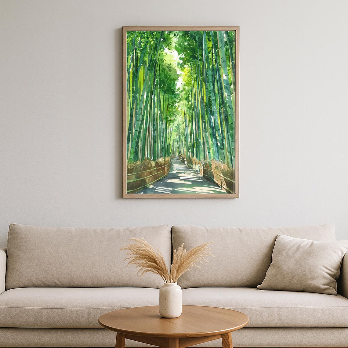 Serene Sunlit Bamboo Forest Path Watercolor Kyoto Japan Poster - Image 2