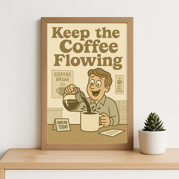 Retro Coffee Office Poster Keep The Flowing Print Funny Productivity Wall Art For Work Desk