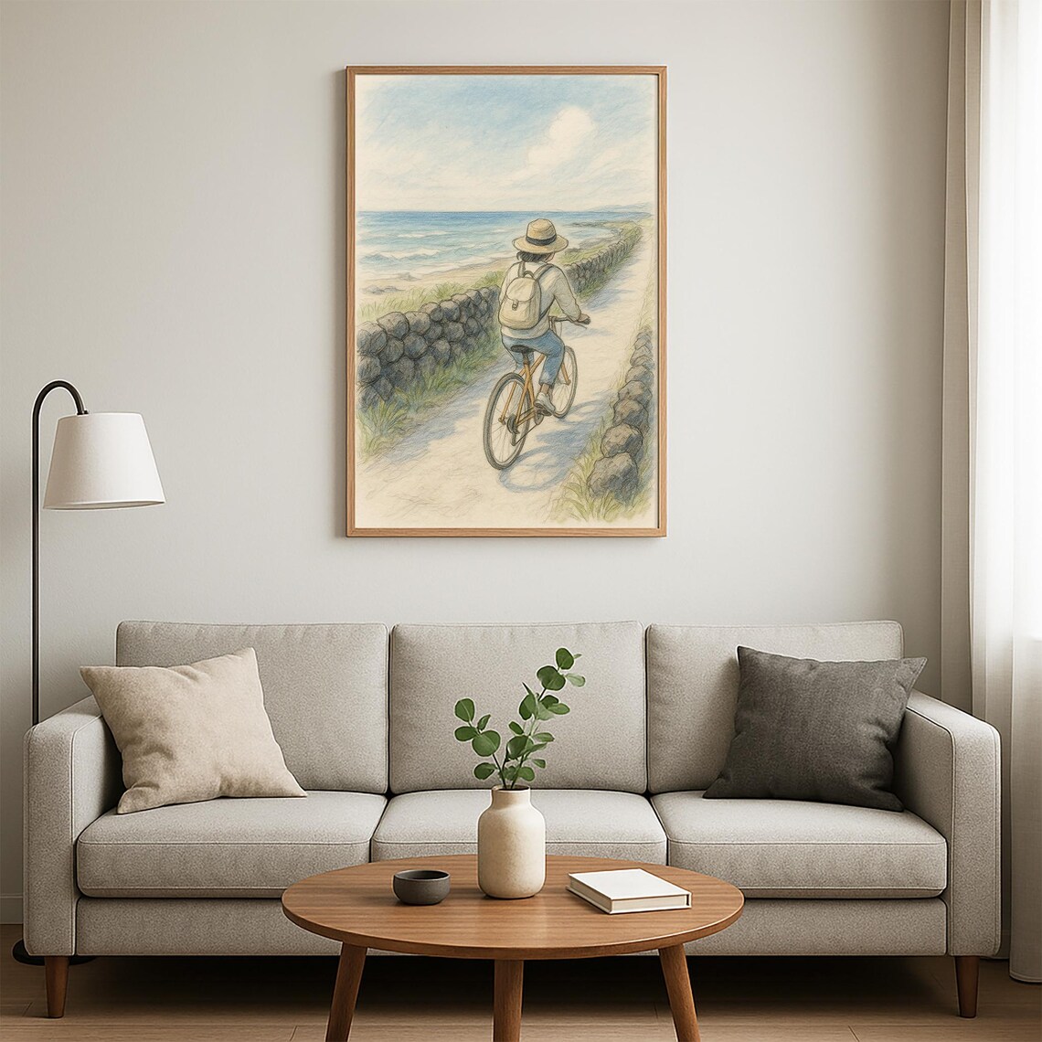 Woman Cycling Coastal Road Ocean View Drawing Travel Art Poster - Image 5
