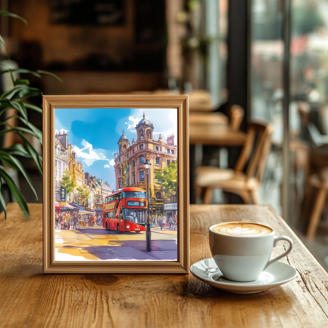 London Red Double Decker Bus Busy Street Watercolor City Poster - Image 2
