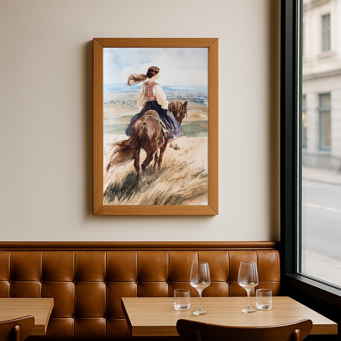 Woman Horseback Riding Folk Dress Golden Hills Watercolor Poster - Image 2