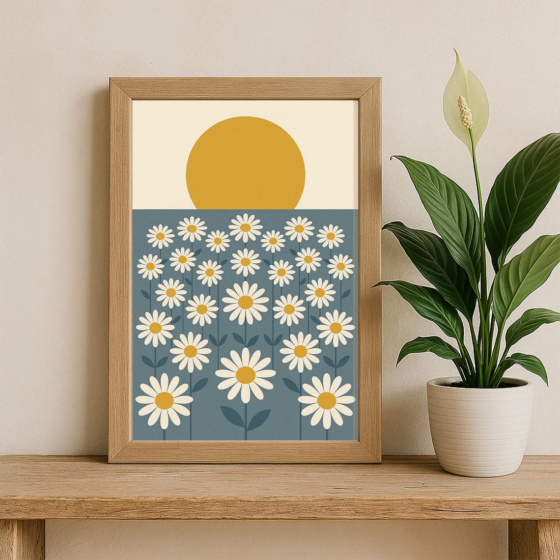 Retro Daisy Field Under Golden Sun Mid Century Modern Floral Poster - Image 2