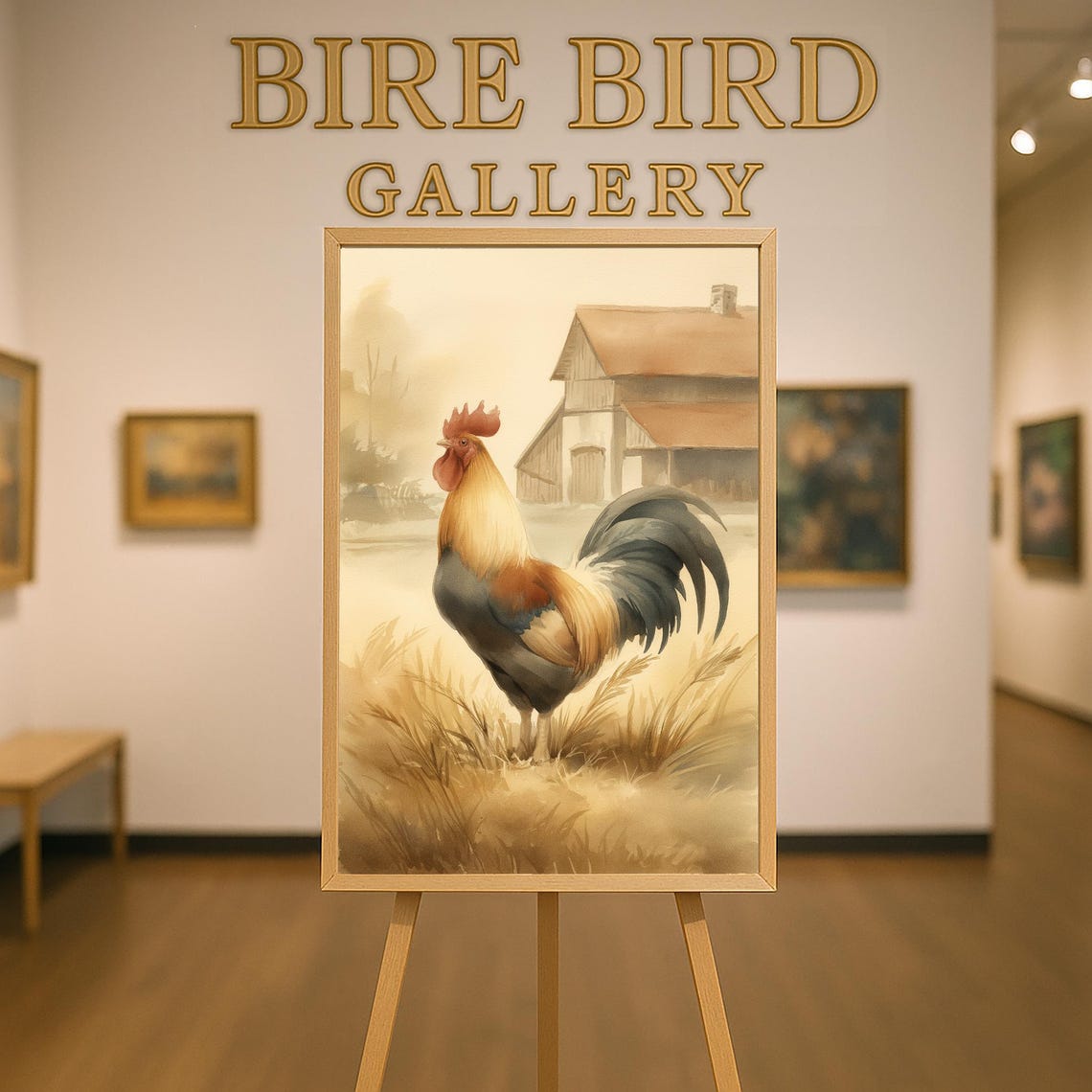 Proud Rooster In Golden Wheat Field With Rustic Barn Watercolor Poster
