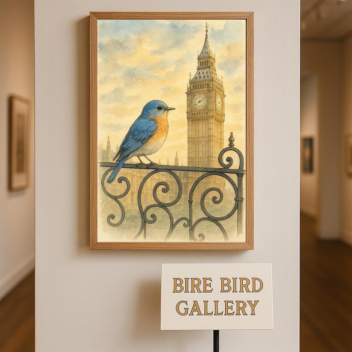 London Bluebird Big Ben Clock Tower Watercolor Bird Painting Poster