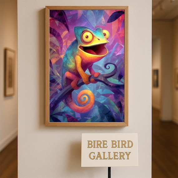 Playful Smiling Chameleon Neon Jungle Cartoon Animal Art Poster