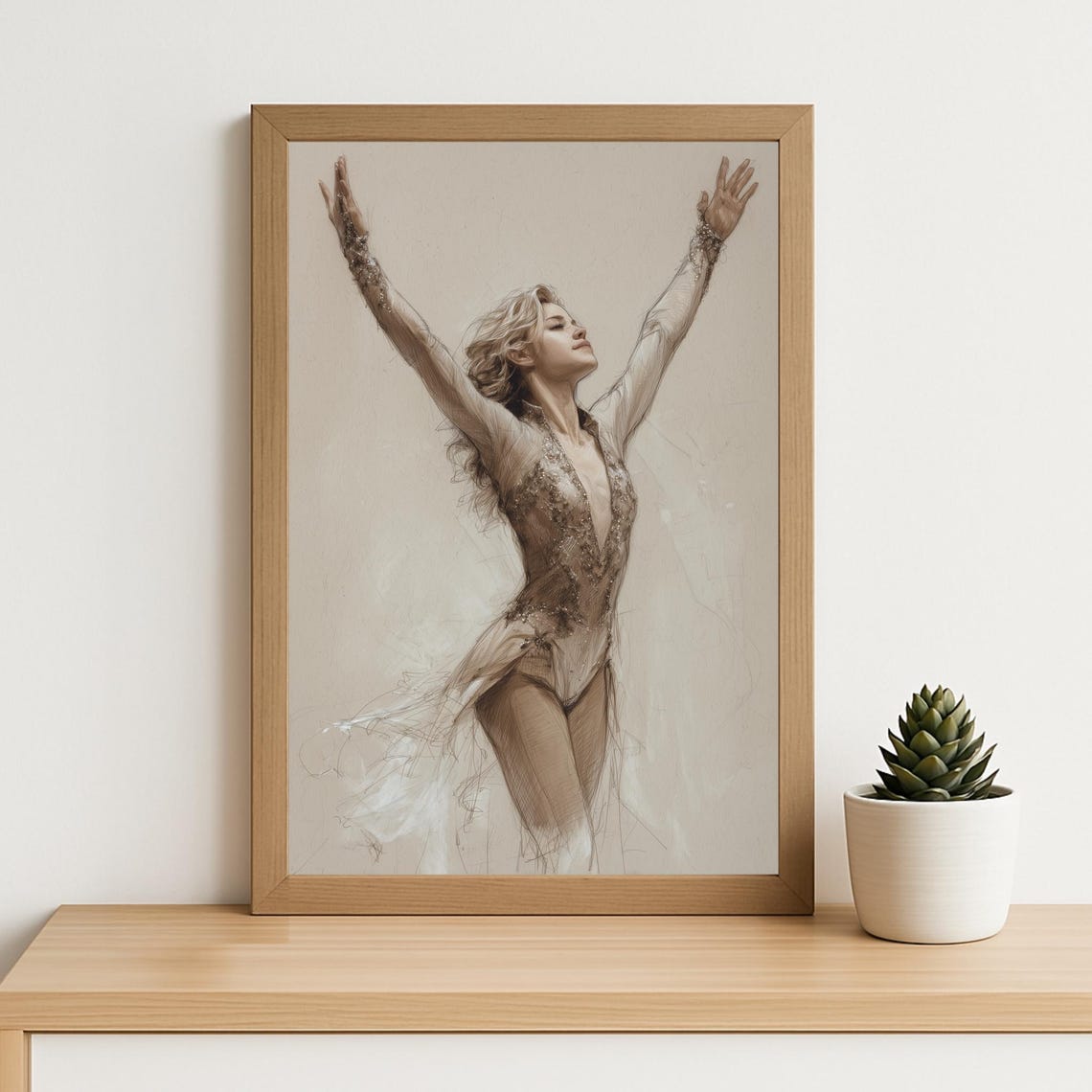 Graceful Figure Skater Dance Sketch Flowing Dress Art Poster