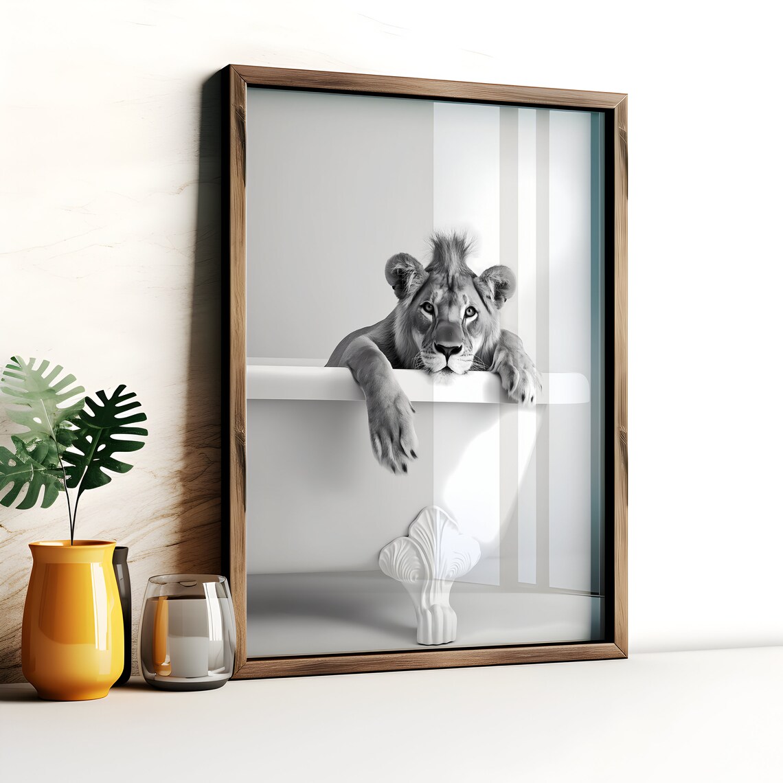 Lioness Resting On Vintage Bathtub Black And White Funny Poster - Image 2